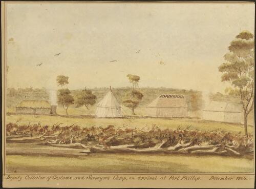 Deputy Collector of Customs and surveyor's camp, on arrival at Port Phillip, December 1836 [picture] / [Robert Russell]