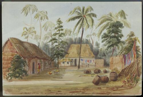 A sketch at the Portuguese settlement at Delli [i.e. Dili], on the NE end of Timor [picture] / [Owen Stanley]
