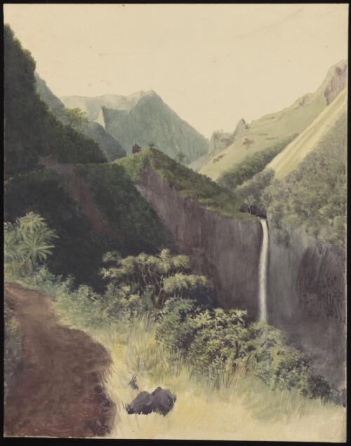 Tahiti, 5, 1854, view near the French fort at the falls of the Fatua, Tahaiti [i.e. Tahiti] [picture] / [James Gay Sawkins]