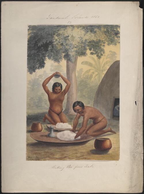 Beating poi, making poi from kalo, Sandwich Islands, 1852 [picture] / J.G.S