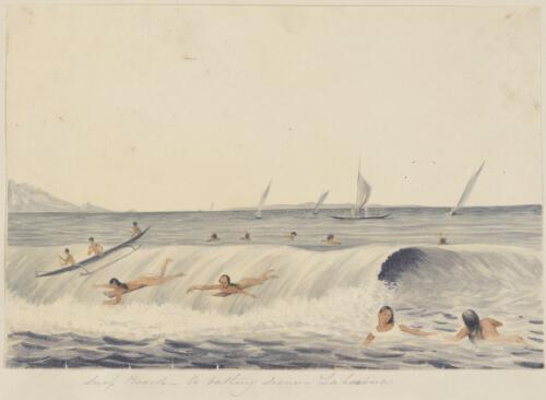 Surf board, a bathing scene, Lahaina [picture] / [James Gay Sawkins]