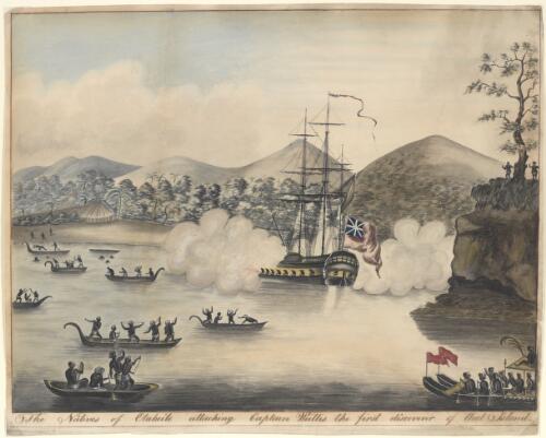 The natives of Otaheite [i.e. Tahiti] attacking Captain Wallis, the first discoverer of that island [picture]