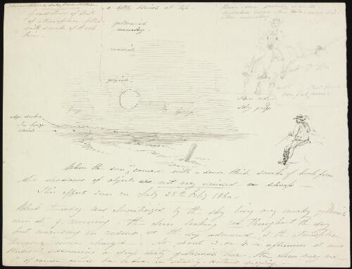 [Studies of two men on horseback with detailed sketch of the sun and sky for Black Thursday] [picture] / [William Strutt]