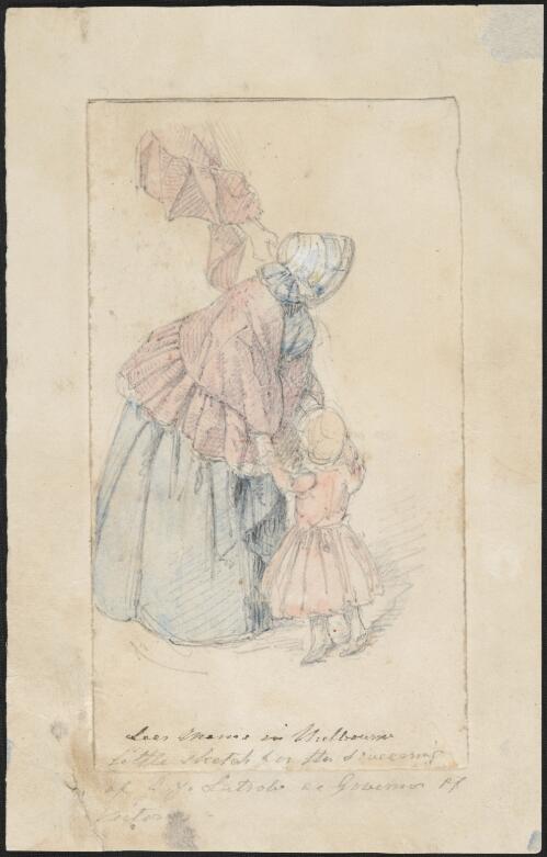 [Drawing of woman and child attending the swearing in ceremony of C.J. La Trobe as Governor of Victoria [picture] / William Strutt]