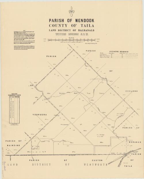 Parish of Mendook, County of Taila [cartographic material] : Land District of Balranald, Western Division N.S.W. / compiled, drawn and printed at the Department of Lands, Sydney N.S.W