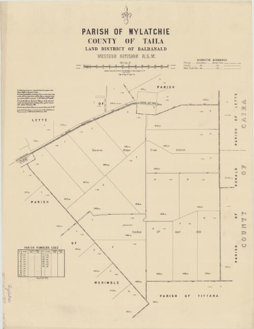 Parish of Mylatchie, County of Taila [cartographic material] : Land District of Balranald, Western Division N.S.W. / compiled, drawn and printed at the Department of Lands, Sydney, N.S.W