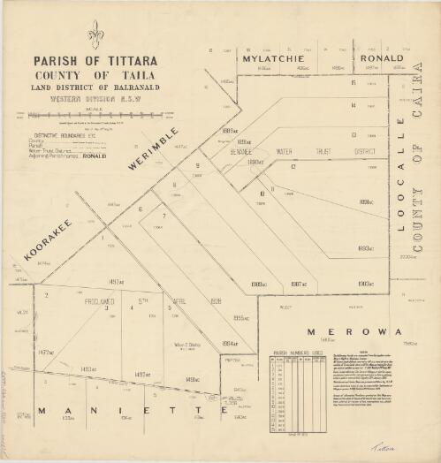 Parish of Tittara, County of Taila [cartographic material] : Land District of Balranald, Western Division N.S.W / compiled, drawn and printed at the Department of Lands, Sydney N.S.W