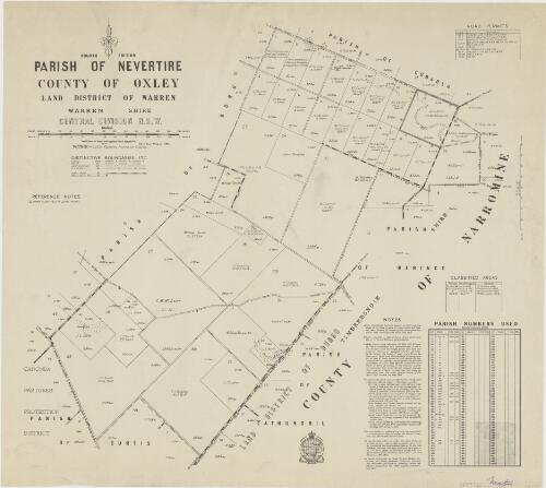 Parish of Nevertire, County of Oxley [cartographic material] : Land District of Warren, Warren Shire, Central Division N.S.W. / compiled, drawn and printed at the Department of Lands, Sydney, N.S.W