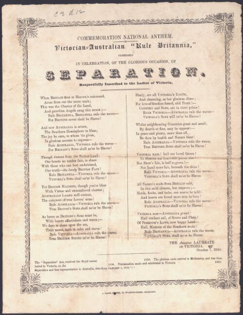 Commemoration national anthem : Victorian / Australian "Rule Britannia" composed in celebration, of the glorious occasion, of separation; respectfully inscribed to the ladies of Victoria