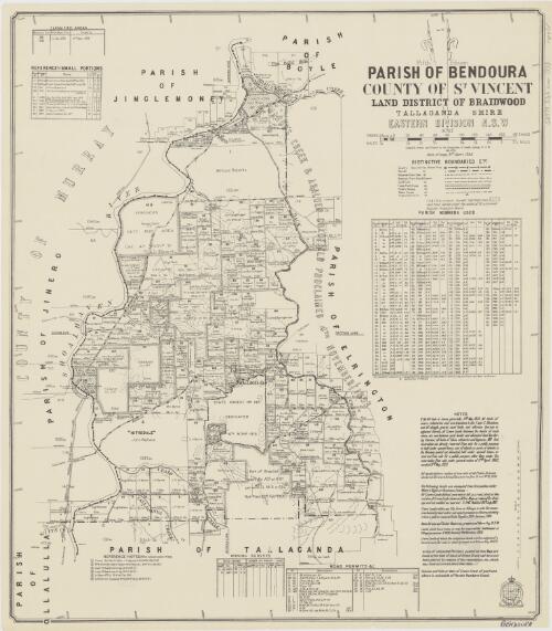 Parish of Bendoura, County of St Vincent [cartographic material] : Land District of Braidwood, Tallaganda Shire, Eastern Division N.S.W / compiled, drawn and printed at the Department of Lands, Sydney N.S.W