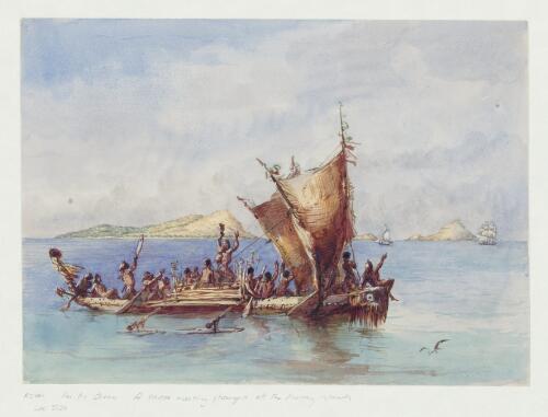 Pacific Ocean, a native canoe meeting strangers off the Murray Islands [picture] / [Edwin Augustus Porcher]