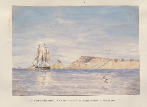 Cape of Good Hope, H.M.S. Fly becalmed off Table Mountain [picture] / [Edwin Augustus Porcher]