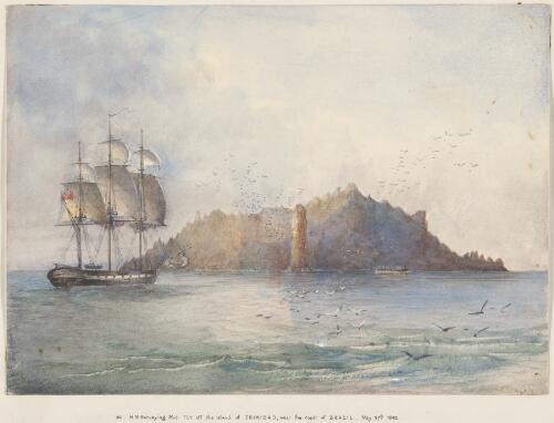H.M.S. surveying ship Fly off the island of Trinidad, near the coast of Brazil [picture] / [Edwin Augustus Porcher]