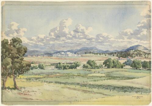 Canberra ; looking south from near Hotel Acton with Parliament House nearing completion, 1925 [picture] / H.M. Rolland