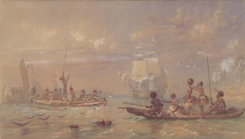 First arrival of white men amongst the islands of the Louisiade Archipelago [picture] / O.W. Brierly