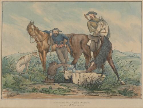 Bushmen watering horses in the desert of Australia [picture] / Geo. Hamilton