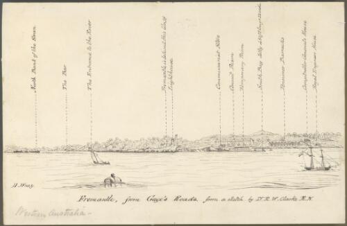 Fremantle, from Gage's Roads, from a sketch by Dr. R. W. Clarke, R.N. [picture] / H. Wray