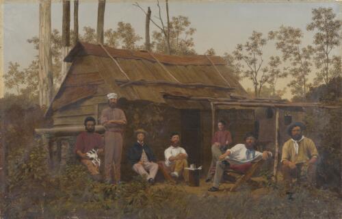 [Settlers outside a hut in the bush, Gympie, Queensland] [picture] / [Richard Daintree]