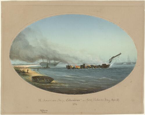 N. American ship Columbian on fire, Hobsons Bay, Apr. 27, 1854 [picture] / L. Becker