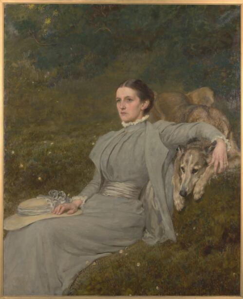 Portrait of Audrey, Lady Tennyson with the wolfhound Karenina [picture] / B.R