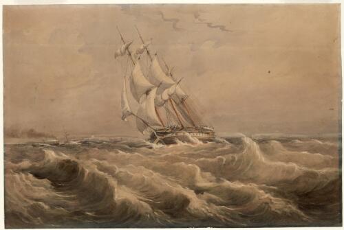 H.M.S. Rattlesnake off Sydney Heads [picture] / [Oswald W.B. Brierly]