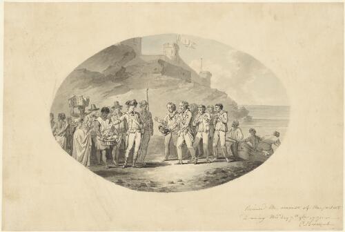 Lt. Bligh and his crew of the ship 'Bounty' hospitably received by the governor of Timor [picture] / [Charles Benazech]