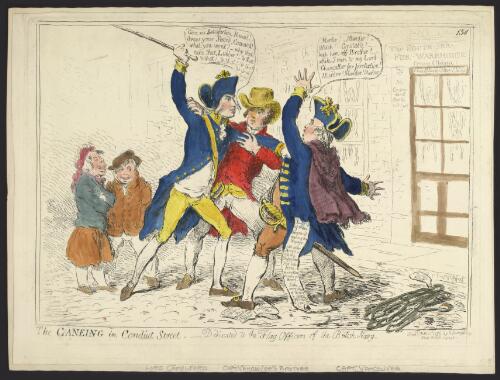 The caneing [i.e. caning] in Condiut [i.e. Conduit] Street, dedicated to the Flag Officers of the British Navy [picture] / [James Gillray]