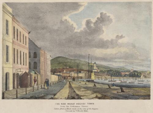 The new wharf, Hobart Town, from the Ordinance Stores, taken from a sketch made at the time of the Regatta [picture] / H.G.E
