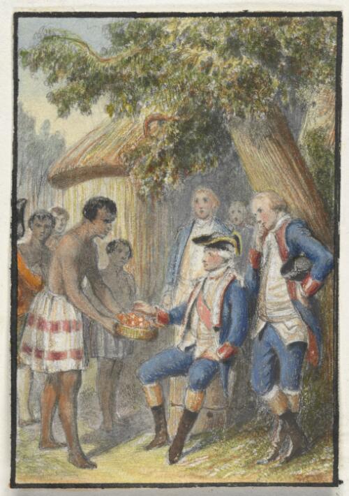 Tahitians presenting fruits to Bougainville attended by his officers [picture]