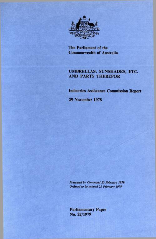 Umbrellas, sunshades, etc. and parts therefor, 29 November 1978 : Industries Assistance Commission report