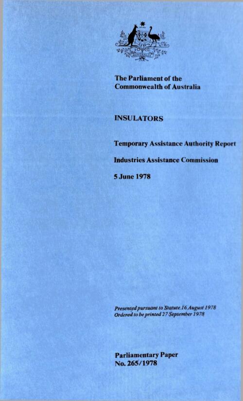 Insulators, 5 June 1978 : Temporary Assistance Authority report, Industries Assistance Commission