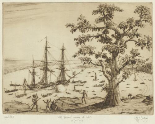 H.M.S. Dolphin arriving at Tahiti, 24 June, 1769 [picture] / Geoffrey C. Ingleton