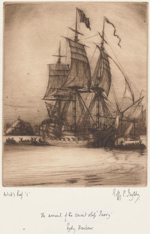 The arrival of the convict ship Surry in Sydney Harbour [picture] / Geoffrey C. Ingleton