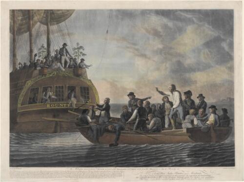 The mutineers turning Lieut. Bligh and part of the officers and crew adrift from His Majesty's ship the Bounty [picture] / painted by Robt. Dodd, engrav'd by R. Dodd
