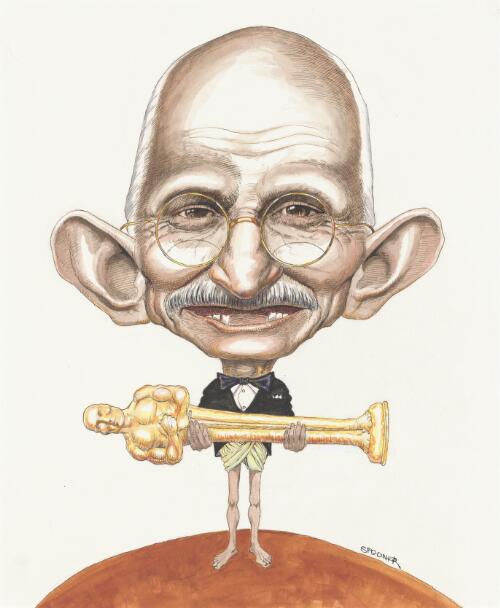[Portrait of Ben Kingsley holding 'Oscar' statuette, as Mahatma Gandhi] [picture] / Spooner