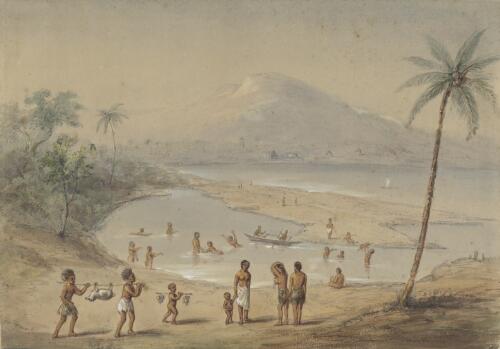 [Natives by a bay, with houses in the distance] [picture] / [Thomas Henry Huxley]