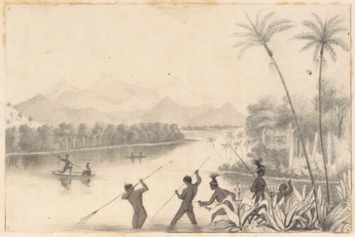 Aboriginal people spearing fish in the Bellengen [i.e. Bellinger] River [picture] / [Clement Hodgkinson]