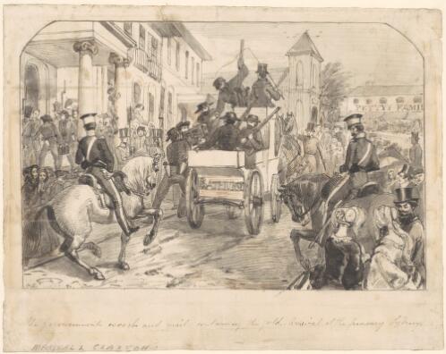 The Government escort and mail containing the gold, arrival at the Treasury, Sydney [picture] / M.C