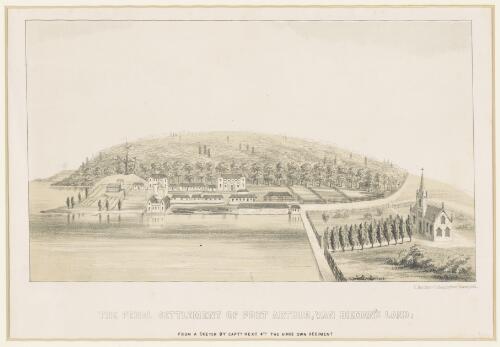 The penal settlement of Port Arthur, Van Dieman's [sic] Land [picture] / from a sketch by Captn. Hext, 4th, The King's Own Regiment; C. Hutchins, lithographer