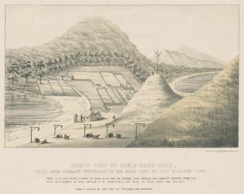 North view of Eagle Hawk Neck which joins Tasman's Peninsula to the main land of Van Dieman's Land [picture] / from a sketch by Capt. Hext, 4th, The King's Own Regiment; C. Hutchins, lithographer