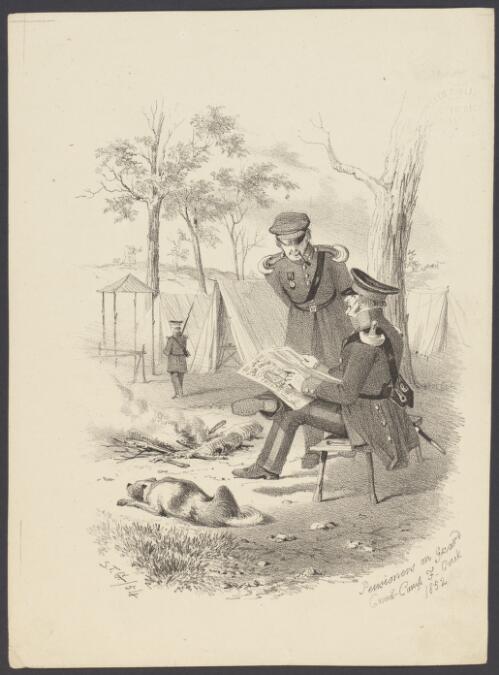 Pensioners on guard, Comms. Camp, F. [i.e. Commissioner's Camp, Forest] Creek, 1852 [picture] / S.T.G., '54