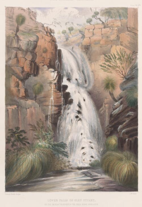 Lower falls of Glen Stuart on the Moriatta [i.e. Morialta] Rivulet in the hills near Adelaide [picture] / George French Angas; J.W. Giles