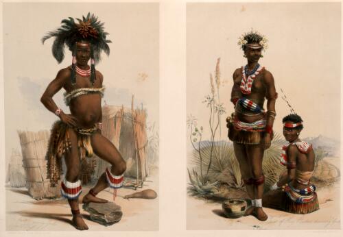 N'pae, a young Zulu, gala dress; Two of King Panda's dancing girls [picture] / George French Angas del. et lithog