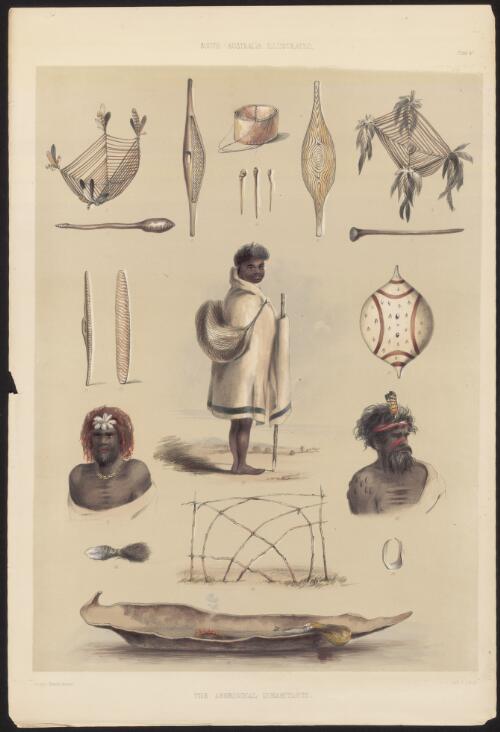 Canoe, utensils, weapons, clothing and decoration, 1847 [picture] / George French Angas. delt. & lithogr