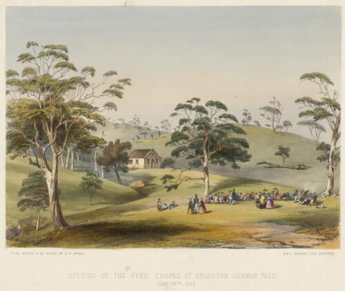Opening of the Free Chapel at Angaston, German Pass, Feby. 28th, 1844 [picture] / from nature & on stone by G.F. Angas