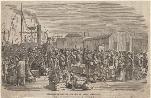 Emigrants landing at the Queen's Wharf, Melbourne [picture] / from a sketch by N. Chevalier, Esq.; F.G