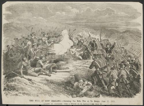 The war in New Zealand, storming rifle pits at Te Ranga, June 21, 1864 [picture] / drawn by Chevalier from a sketch by G. Lewis; Calvert