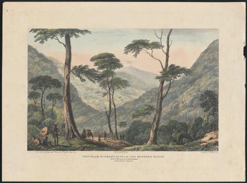 View from Bourke's Pass on the Maneero Range, Mount Westmacott in the distance, New South Wales [picture] / from a drawing by Captn. Westmacott ; on stone by W. Gauci
