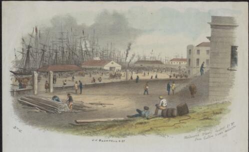 Melbourne wharf looking so. W. from Custom House enclosure 1853 [picture] / S.T.G