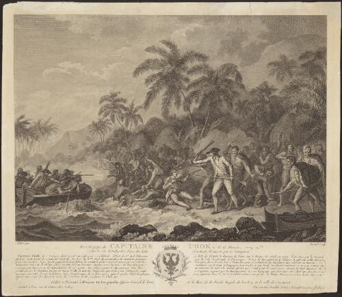 Mort tragique du Capitaine Cook, le 15 fevrier, 1779, sur la cote d'Owhy-hee, l'une des Isles Sandwich, decouverte par ce navigateur [picture] / J. Webber pinx.; Fessard sculp